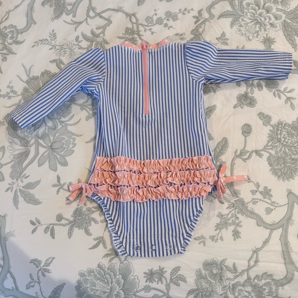 Blue and Pink Striped girls ruffle butts swimsuit